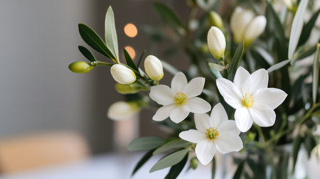 Refined floral styling with white flowers nestled among olive green stemsの素材