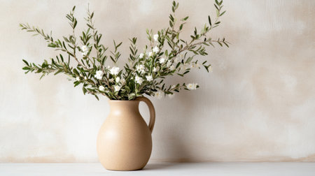 Neutral floral display with olive branches and petite white flowers in a ceramic vaseの素材