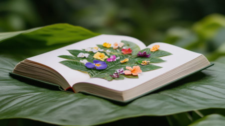 Open book bursting with floral color, laying softly on a jungle leafの素材