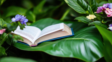 Nature meets story: open book with florals resting on a large green leafの素材