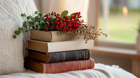 Rustic book stack with bold red flowers and soft white accentsの素材