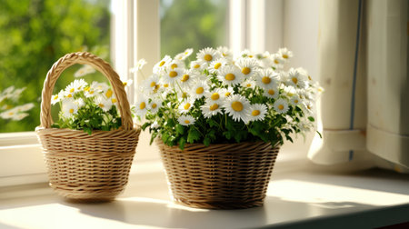 Morning light filtering over a basket of daisies on a kitchen windowsillの素材
