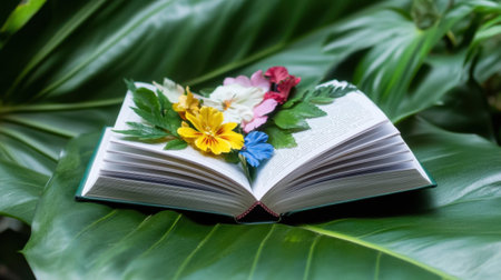 Open book bursting with floral color, laying softly on a jungle leafの素材
