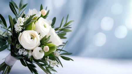 Olive foliage gently accenting a bouquet of white roses and ranunculusの素材