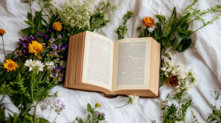 Romantic flat lay of an open book surrounded by fresh garden blooms in a dreamy lightの素材