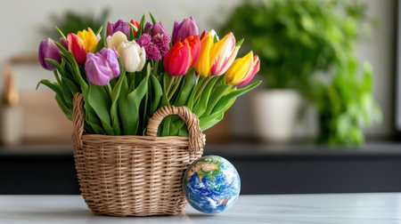 Rustic basket filled with vibrant tulips and a miniature Earth, symbolizing springtime peace and unityの素材