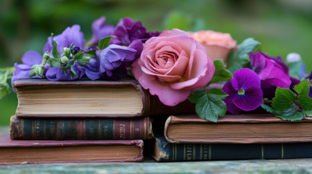 Rich hues of roses and violets contrast with aged book spinesの素材