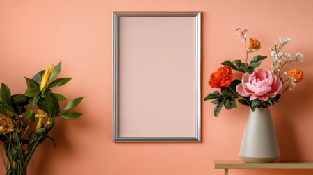 Romantic peony and foliage display inside silver frame on warm peach canvasの素材