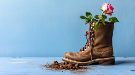 Quirky composition of rose and dirt in a vintage boot on blue canvasの素材