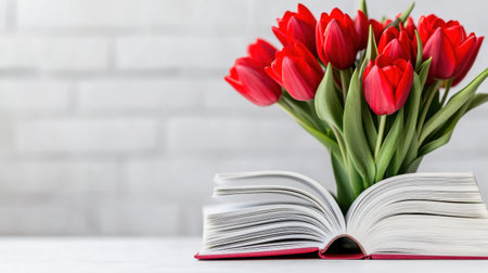 Red tulip bouquet emerging from the pages of open books stacked neatly on a white tableの素材