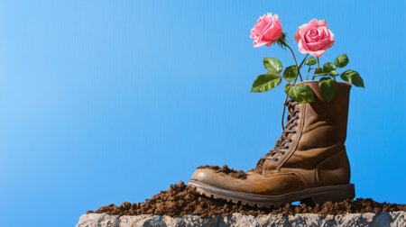 Quirky composition of rose and dirt in a vintage boot on blue canvasの素材