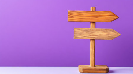 Sign with left and right pointers crafted in wood, centered on purple gradientの素材