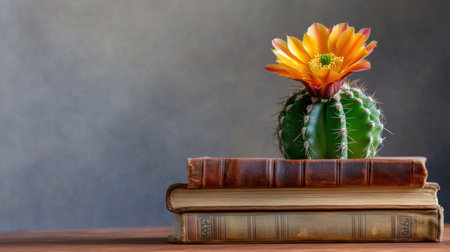 A blooming cactus flower perched atop a stack of antique books with sunlit texturesの素材