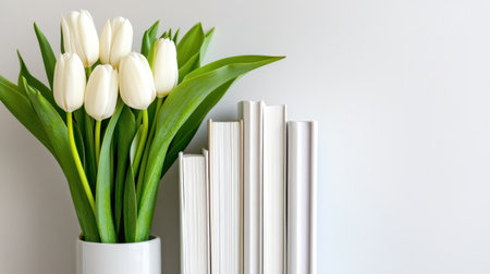 Simple white backdrop with a poetic arrangement of tulips growing through white booksの素材