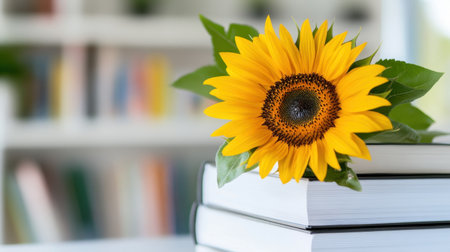 A burst of sunflower blooms from a white stack of books, symbolizing life and learningの素材