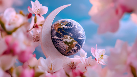 A crescent moon-shaped frame cradling Earth, surrounded by pink and white blossoms on a dreamy pastel backgroundの素材