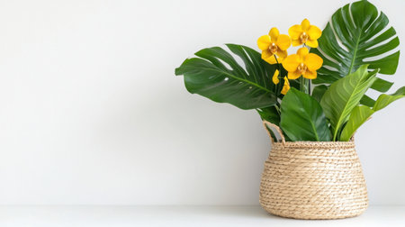 Rustic woven basket filled with tropical orchids and monstera leaves on a white tableの素材