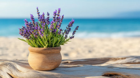 A cheerful pot of lavender on driftwood by a sandy beachの素材