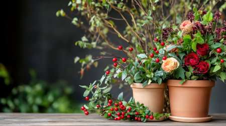 A creative floral arrangement in terracotta pots on a wooden tableの素材