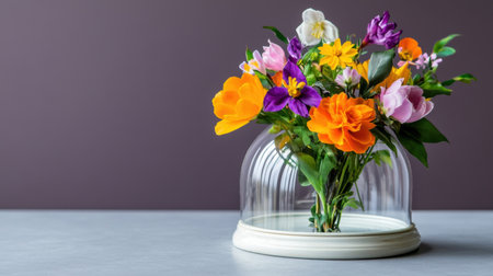 A dome of wonder: vivid spring flowers encased in a delicate glass dome on a vintage tableの素材