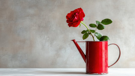 Single rose in vintage watering can with soft natural light on linenの素材