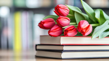 Stack of books with red tulips blossoming from their spines, art and knowledge meetの素材
