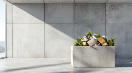 Side view of a concrete container full of recyclable materials under natural lightの素材