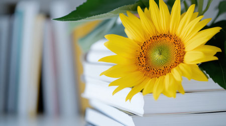 Sunflowers piercing through a tower of white books, expressing growth through knowledgeの素材