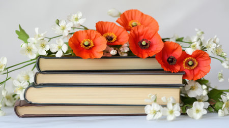 Stacked books topped with vivid poppies and white blossomsの素材