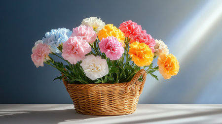 Sunlit arrangement of pastel carnations in a textured woven basketの素材