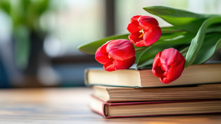 Stack of books with red tulips blossoming from their spines, art and knowledge meetの素材
