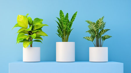Soft natural light hitting three houseplants against a baby blue backgroundの素材
