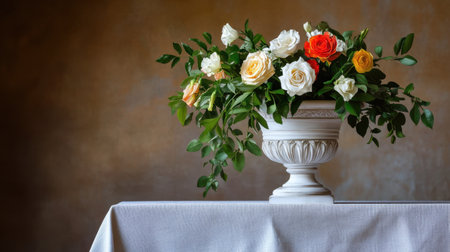 Still life of florals in a distressed urn on a linen-draped tableの素材