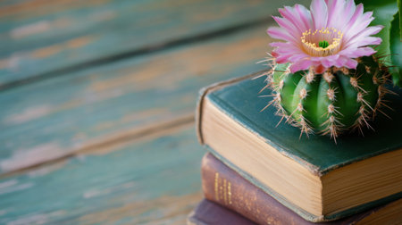 Top view of cactus in bloom resting on faded books with antique charmの素材