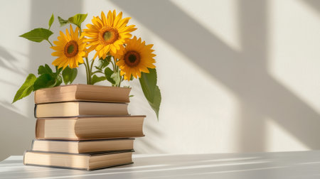 Tower of books sprouting vivid sunflowers on a minimalist studio setの素材