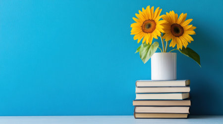 Tower of books sprouting vivid sunflowers on a minimalist studio setの素材