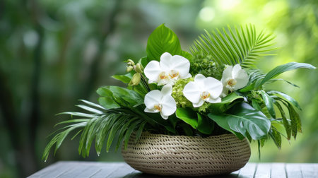 Woven basket overflowing with orchids and lush greenery, evoking tropical serenityの素材