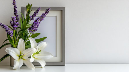 White lily with lavender accents nestled in a matte gray frame on white surfaceの素材