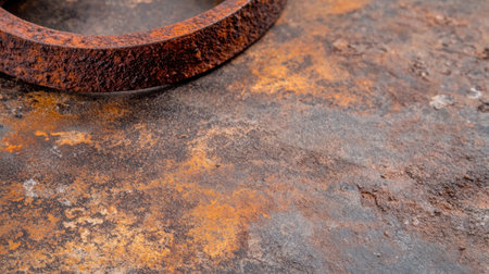Close-up of rusted iron loop on rough oxidized background, full of grit and decayの素材