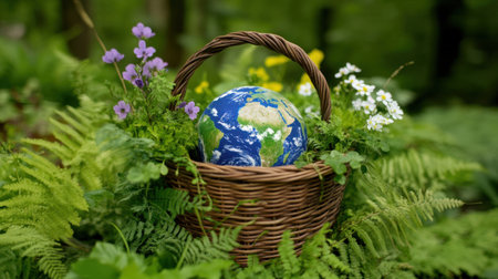 Earth globe resting in a garden-style basket, surrounded by ivy, ferns, and blooming wildflowersの素材