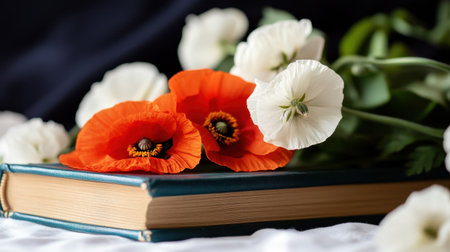 Romantic setting with poppies and white florals laid across booksの素材