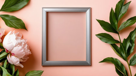 Flat lay of silver frame with fresh peonies and greenery on a creamy peach surfaceの素材
