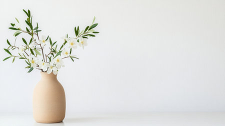 Neutral floral display with olive branches and petite white flowers in a ceramic vaseの素材