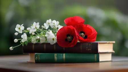 Vibrant red poppies and white blooms gently placed on vintage booksの素材
