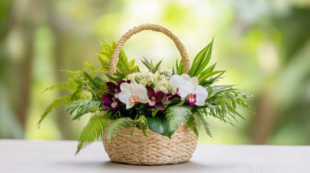 Woven basket overflowing with orchids and lush greenery, evoking tropical serenityの素材