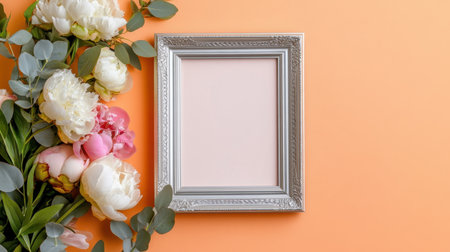 Silver vintage frame with blush peonies and eucalyptus on pastel peachの素材