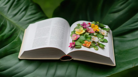 Open book bursting with floral color, laying softly on a jungle leafの素材