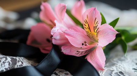 Close-up of pink alstroemeria flowers gently wrapped in lace, black ribbon trailing elegantlyの素材