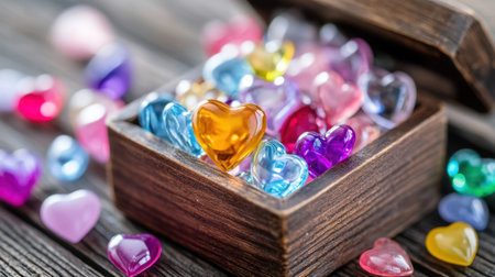 Colorful beads and glass hearts arranged in a handmade wooden box on worn tableの素材
