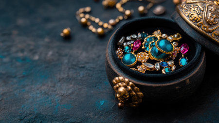 Decorative box of jewelry treasures with rich colors and rustic background top viewの素材